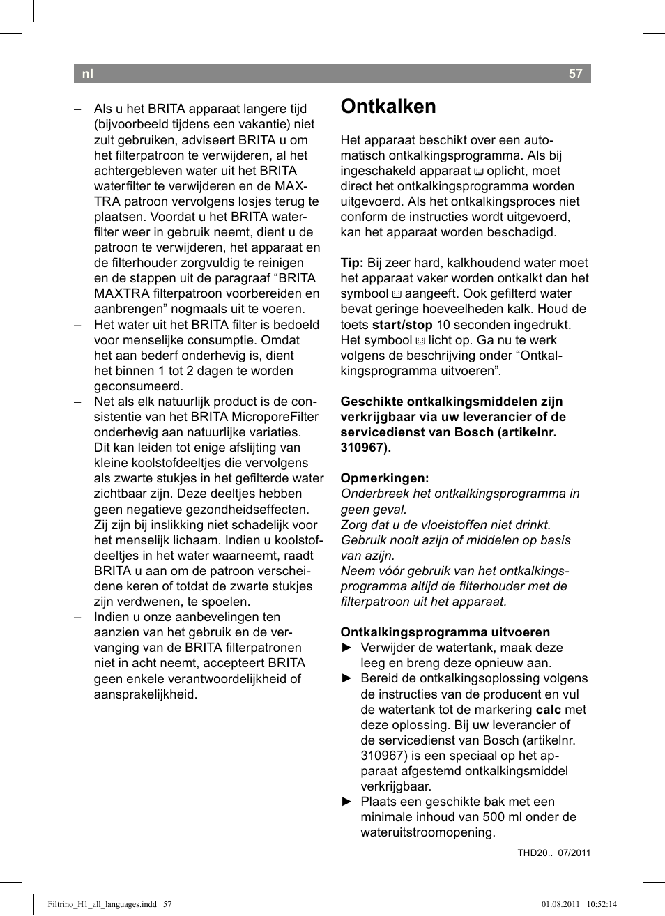 Ontkalken | Bosch THD2023 Heißwasserspender Filtrino FastCup User Manual | Page 57 / 154