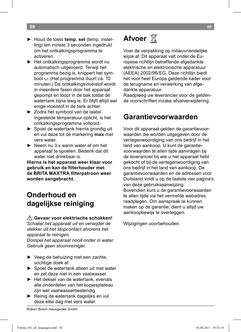 Onderhoud en dagelijkse reiniging, Afvoer, Garantievoorwaarden | Bosch THD2023 Heißwasserspender Filtrino FastCup User Manual | Page 58 / 154