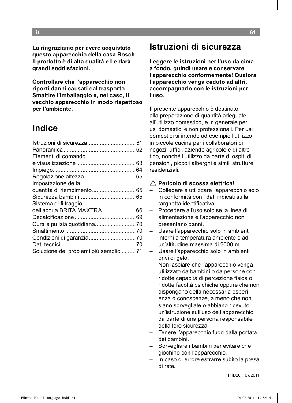 Indice, Istruzioni di sicurezza | Bosch THD2023 Heißwasserspender Filtrino FastCup User Manual | Page 61 / 154