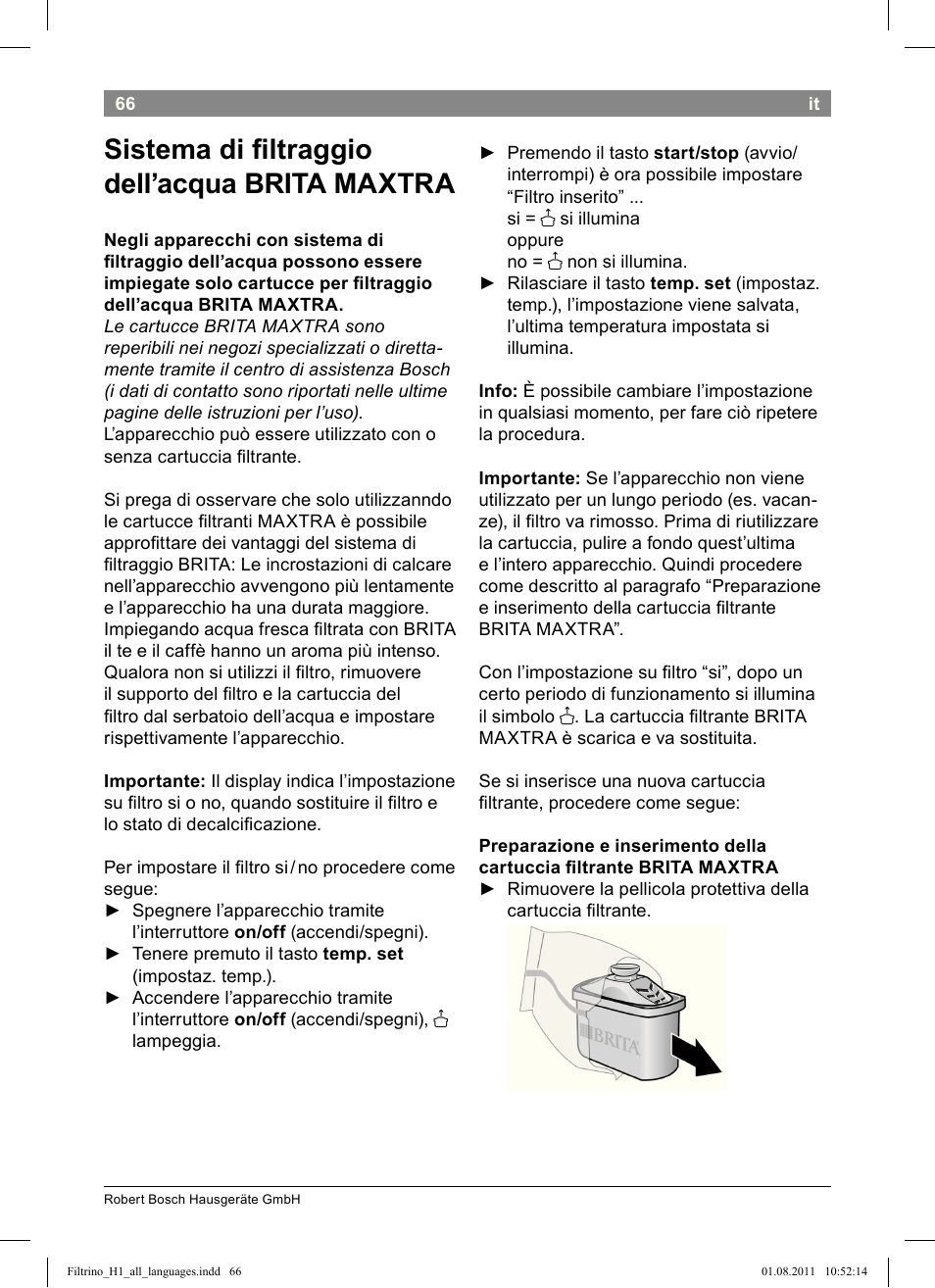 Sistema di i ltraggio dell’acqua brita maxtra | Bosch THD2023 Heißwasserspender Filtrino FastCup User Manual | Page 66 / 154