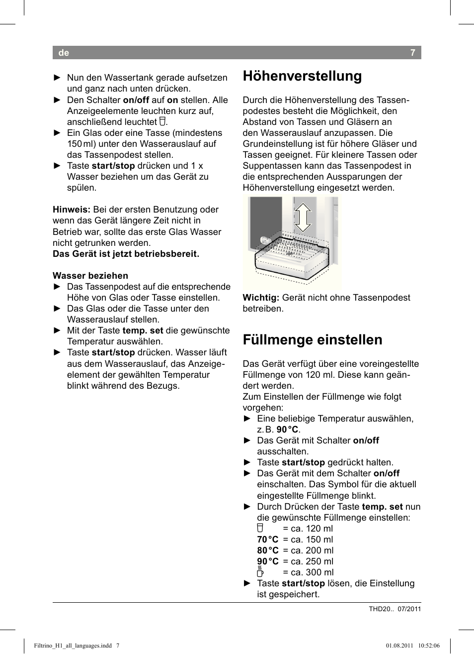 Höhenverstellung, Füllmenge einstellen | Bosch THD2023 Heißwasserspender Filtrino FastCup User Manual | Page 7 / 154