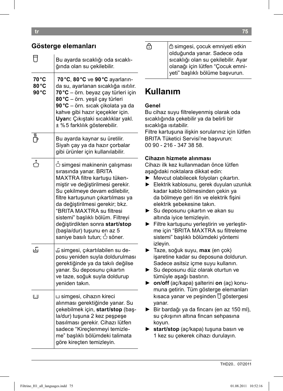 Kullanım, Gösterge elemanları | Bosch THD2023 Heißwasserspender Filtrino FastCup User Manual | Page 75 / 154