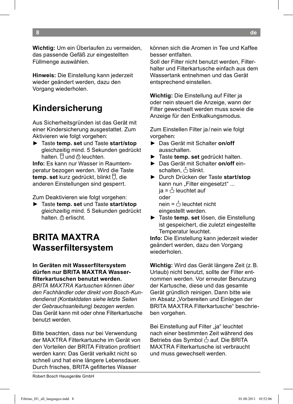 Kindersicherung, Brita maxtra wasseriltersystem | Bosch THD2023 Heißwasserspender Filtrino FastCup User Manual | Page 8 / 154