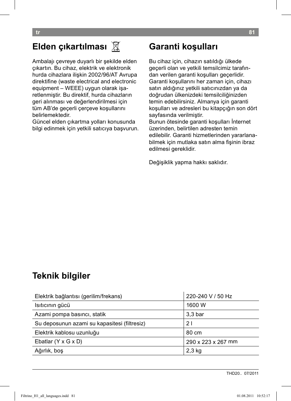 Elden çıkartılması, Garanti koşulları, Teknik bilgiler | Bosch THD2023 Heißwasserspender Filtrino FastCup User Manual | Page 81 / 154