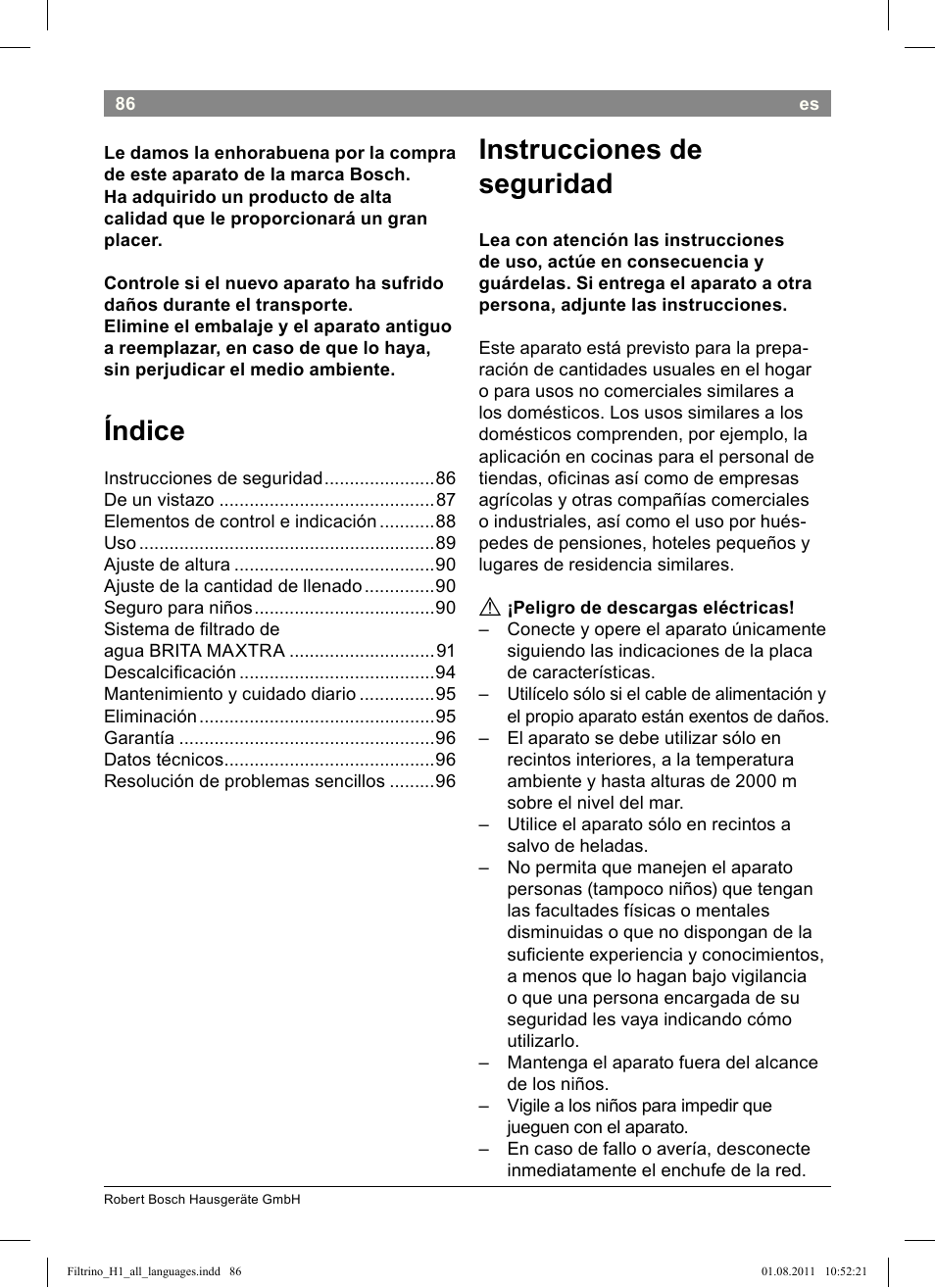 Instrucciones de seguridad, Índice | Bosch THD2023 Heißwasserspender Filtrino FastCup User Manual | Page 86 / 154