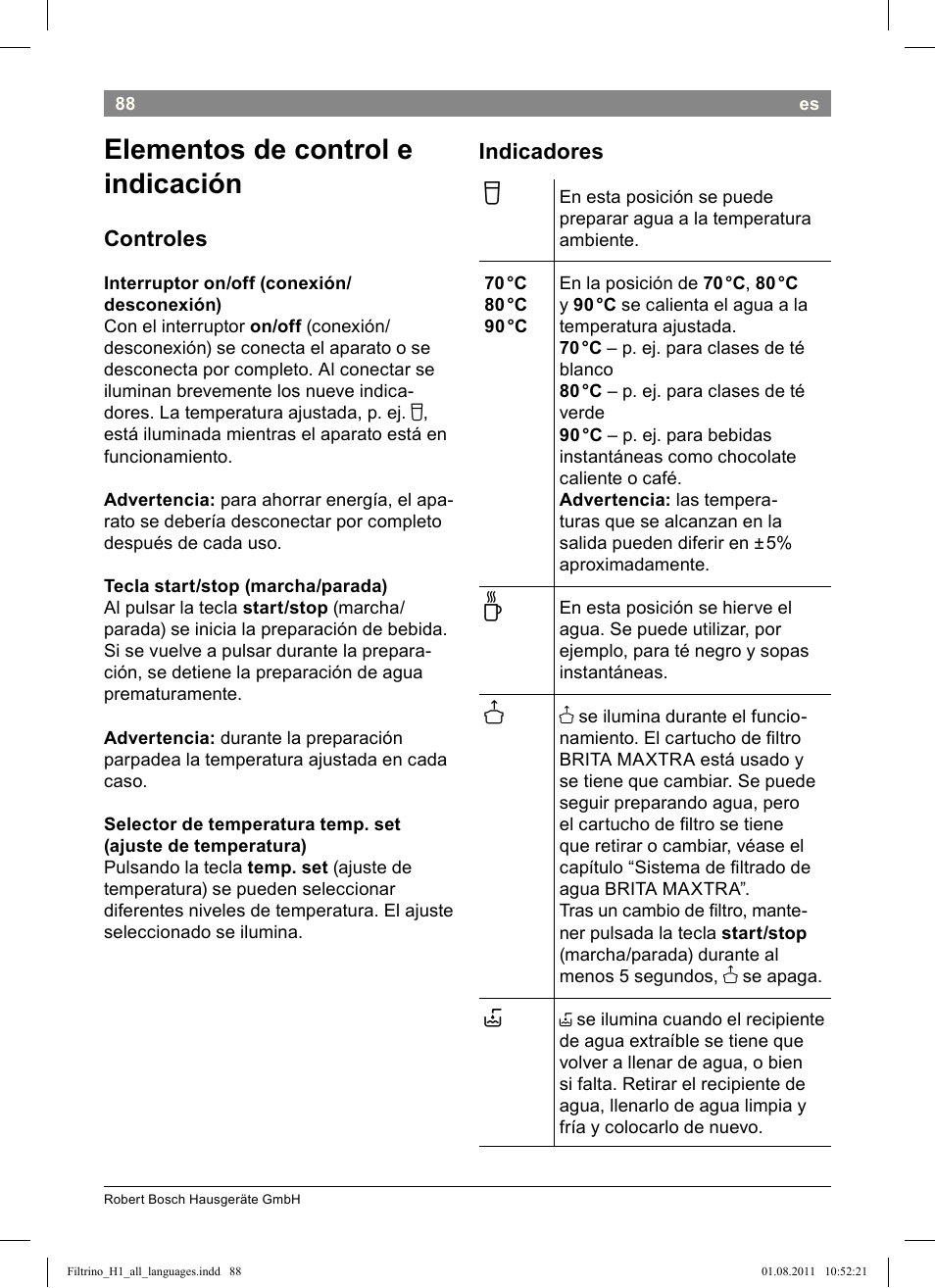 Elementos de control e indicación, Controles, Indicadores | Bosch THD2023 Heißwasserspender Filtrino FastCup User Manual | Page 88 / 154