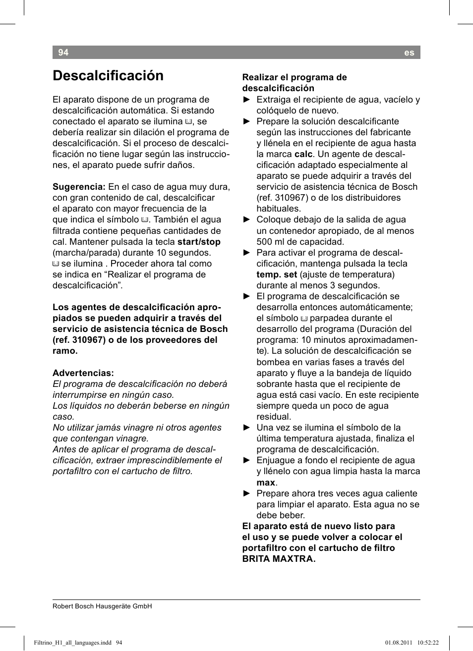 Descalciicación | Bosch THD2023 Heißwasserspender Filtrino FastCup User Manual | Page 94 / 154