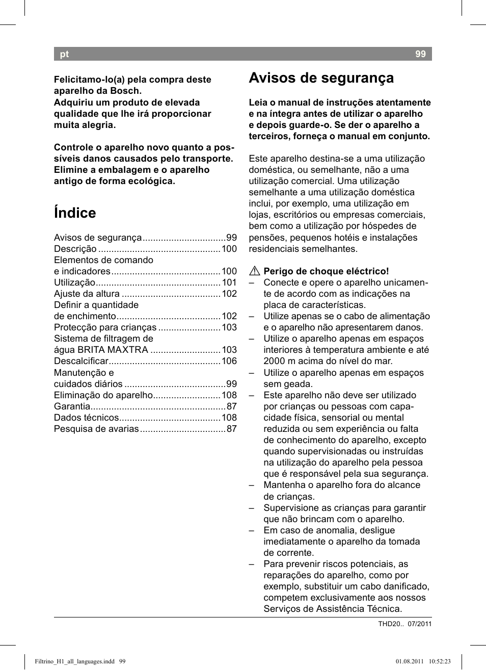 Índice, Avisos de segurança | Bosch THD2023 Heißwasserspender Filtrino FastCup User Manual | Page 99 / 154