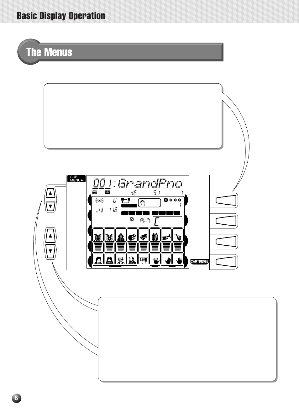 The menus, Grandpno, Basic display operation | Yamaha PSR-330 User Manual | Page 10 / 90