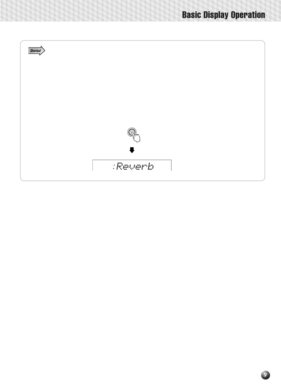Shortcuts, Basic display operation, Reverb | Yamaha PSR-330 User Manual | Page 11 / 90
