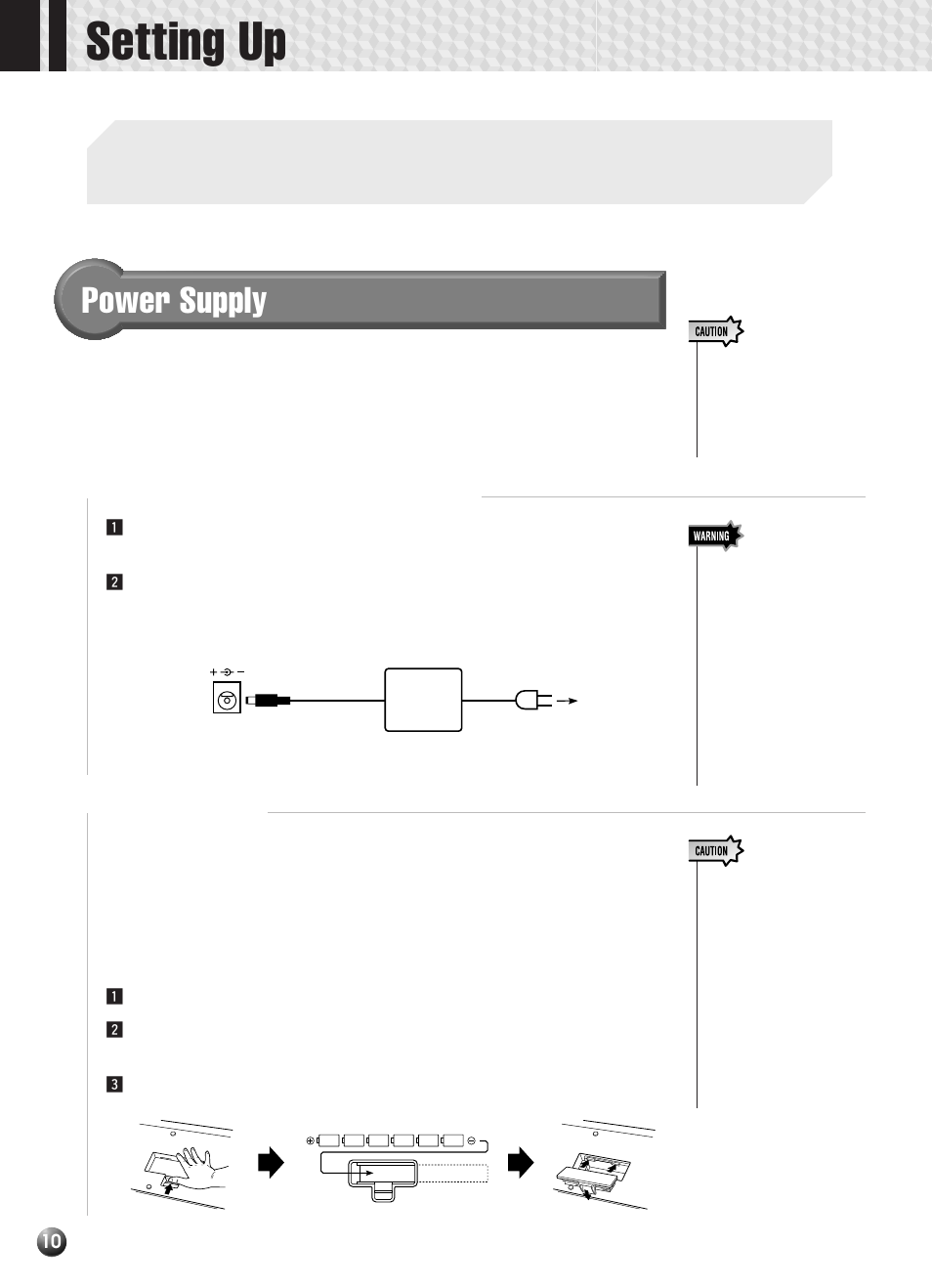 Setting up, Power supply, Using an optional ac power adaptor | Using batteries, Using an optional ac power adaptor using batteries | Yamaha PSR-330 User Manual | Page 12 / 90
