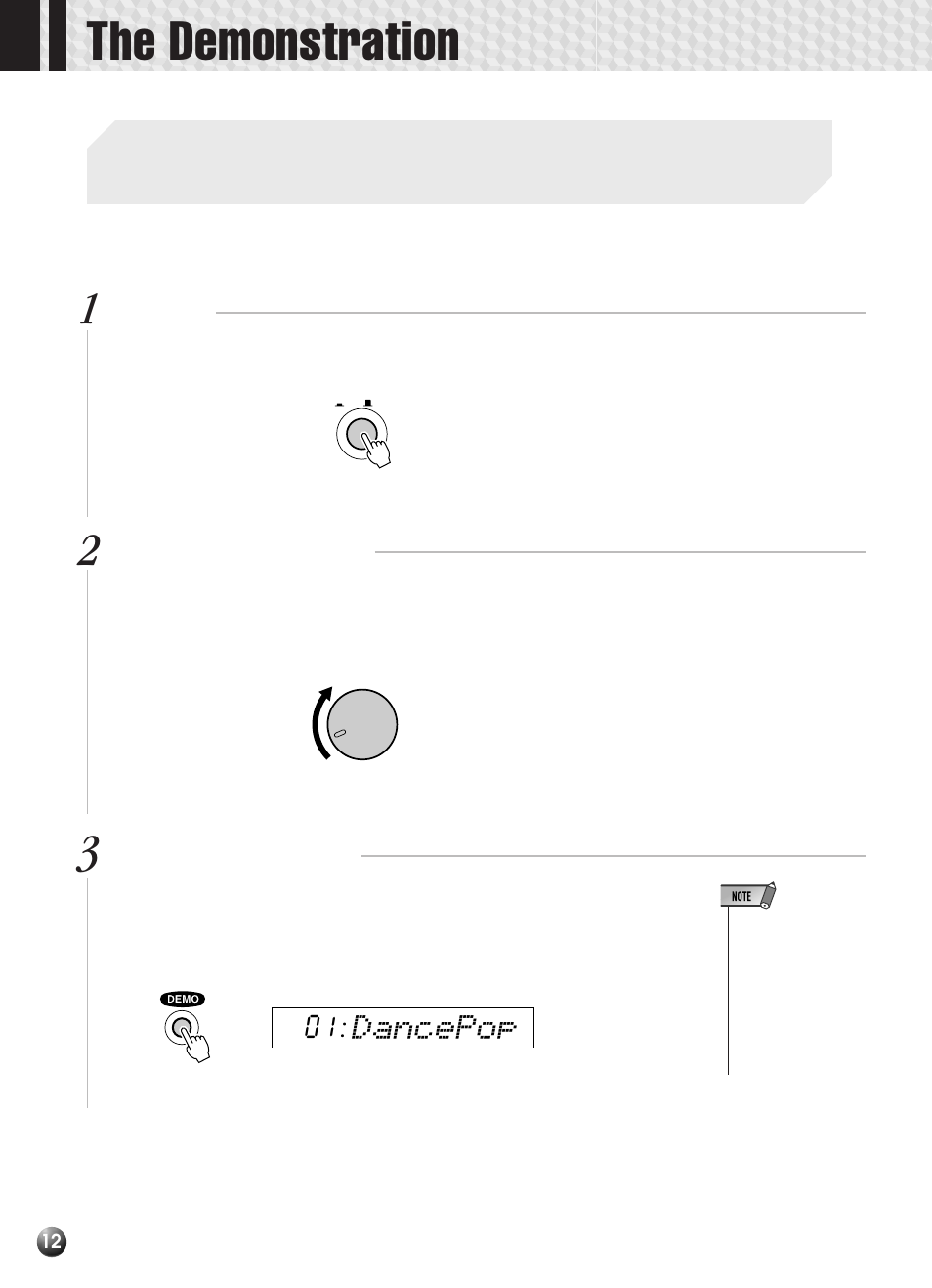 The demonstratio, The demonstration, Dancepop | Yamaha PSR-330 User Manual | Page 14 / 90