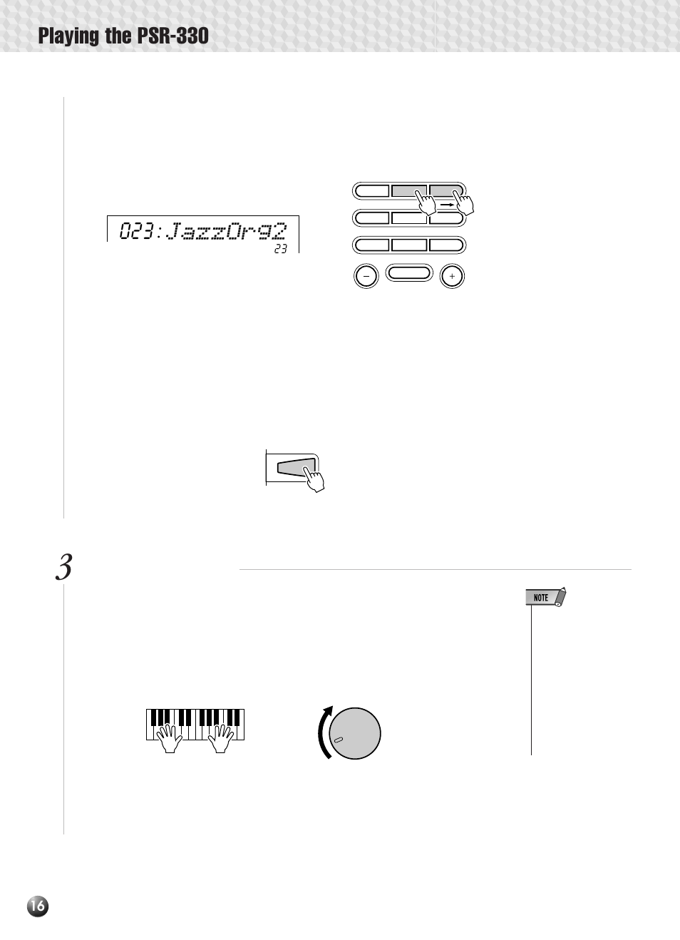 Playing the psr-330, Jazzorg2, Play & adjust volume | Yamaha PSR-330 User Manual | Page 18 / 90