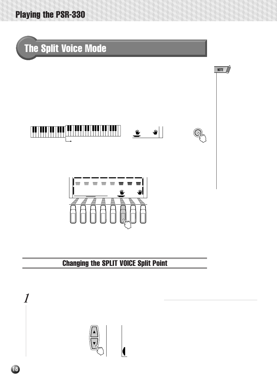 The split voice mode, Changing the split voice split point, Playing the psr-330 | Select the split voice split point function | Yamaha PSR-330 User Manual | Page 20 / 90
