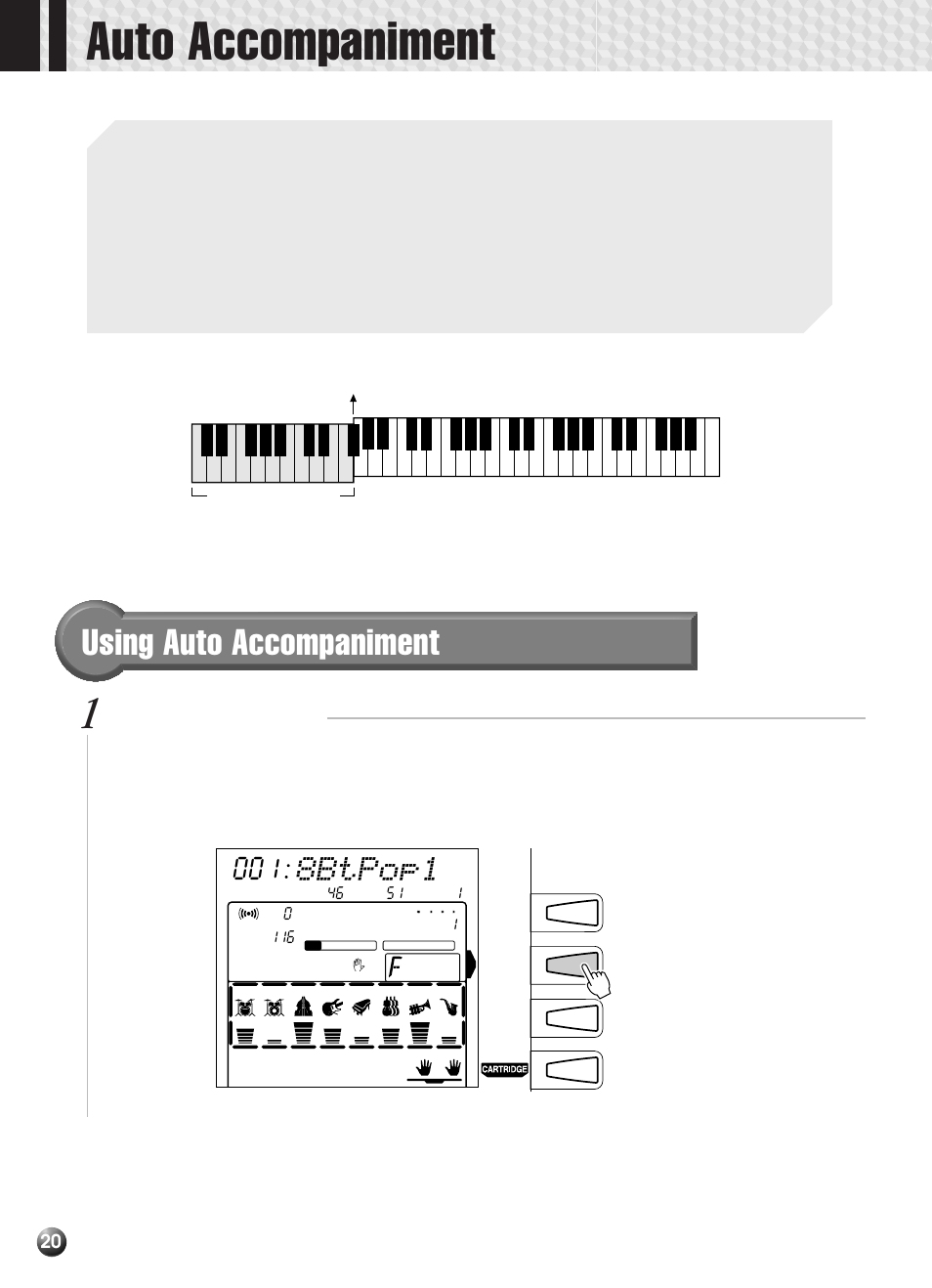 Auto accompaniment, Using auto accompaniment, 8btpop1 | Select the style menu | Yamaha PSR-330 User Manual | Page 22 / 90