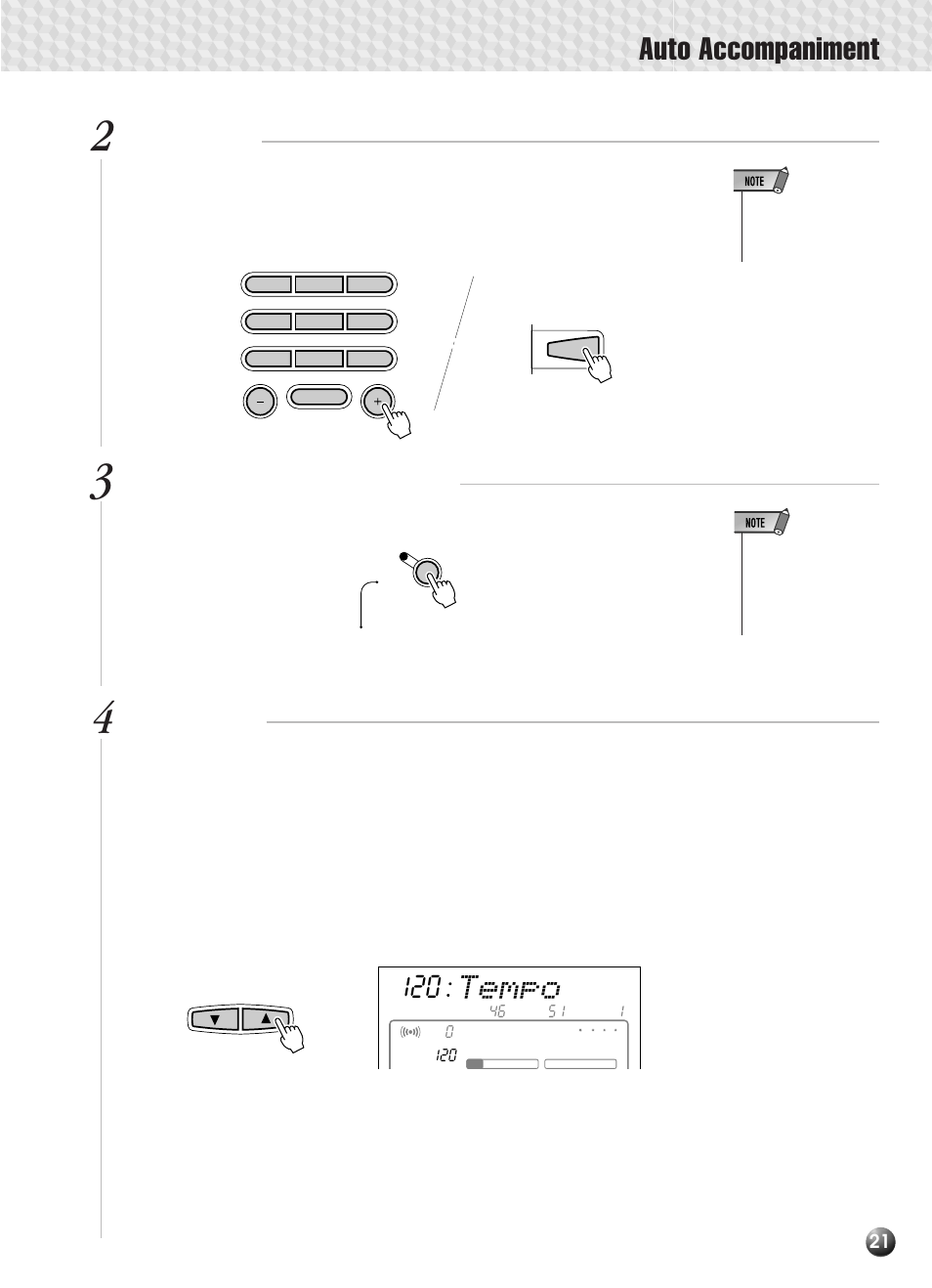 Auto accompaniment, Tempo, Set the tempo | Select a style, Turn auto accompaniment on | Yamaha PSR-330 User Manual | Page 23 / 90