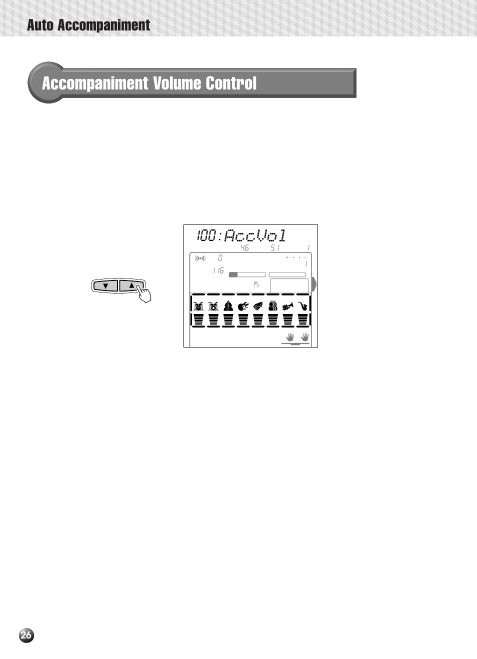 Accompaniment volume control, Auto accompaniment, Accvol | Yamaha PSR-330 User Manual | Page 28 / 90