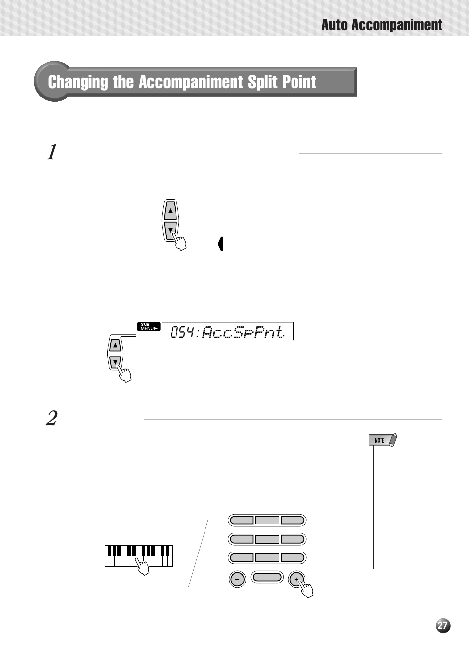 Changing the accompaniment split point, Auto accompaniment, Accsppnt | Yamaha PSR-330 User Manual | Page 29 / 90