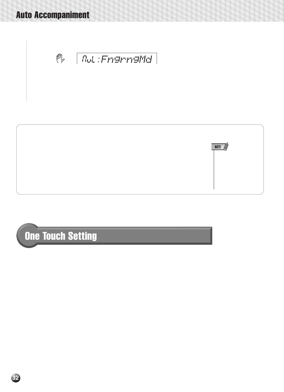 The stop accompaniment function, One touch setting, Auto accompaniment | Fngrngmd | Yamaha PSR-330 User Manual | Page 34 / 90