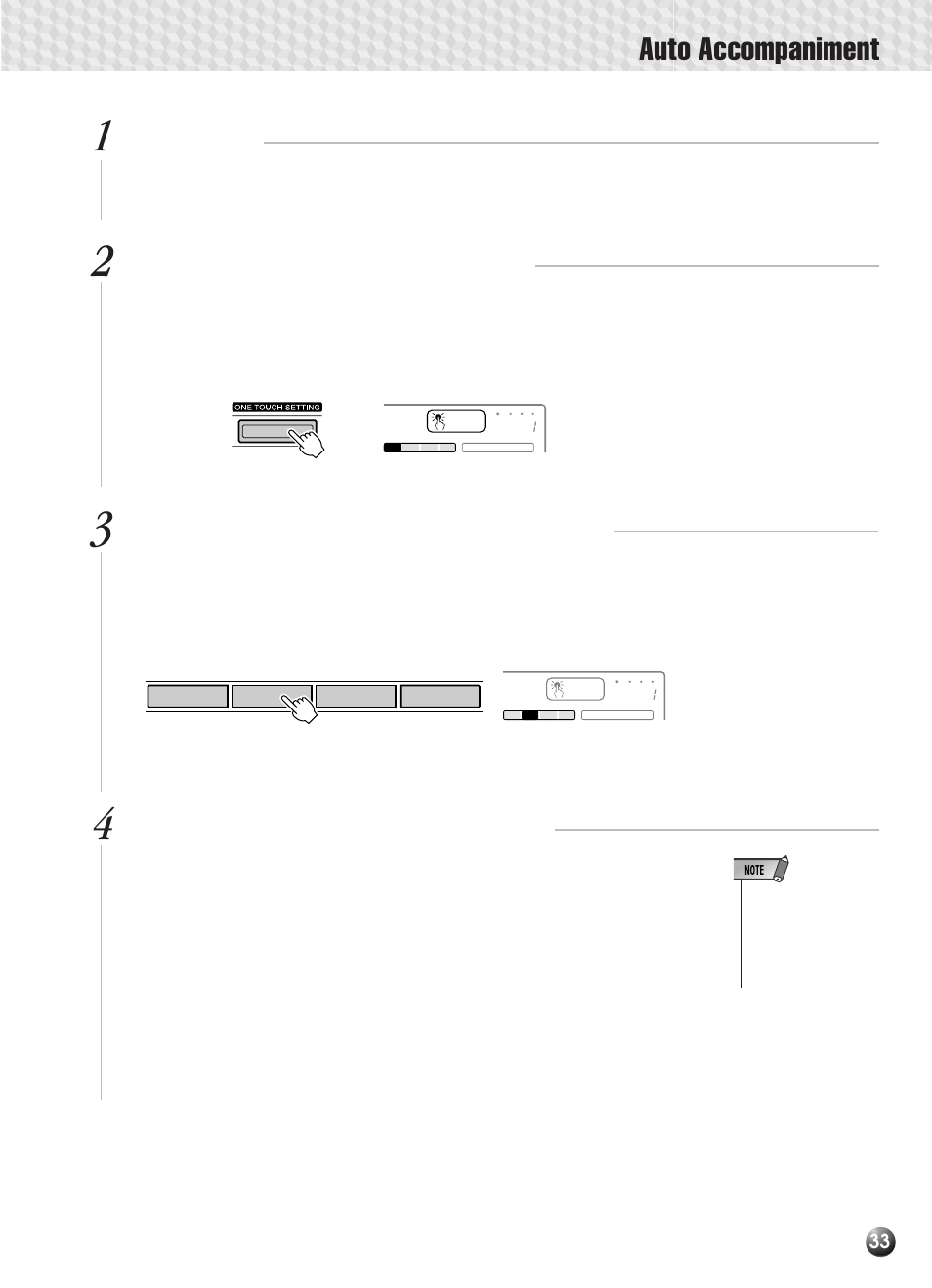 Auto accompaniment, Select a style, Press the [one touch setting] button | Turn one touch setting off when done, Select a one touch setting type, as required | Yamaha PSR-330 User Manual | Page 35 / 90