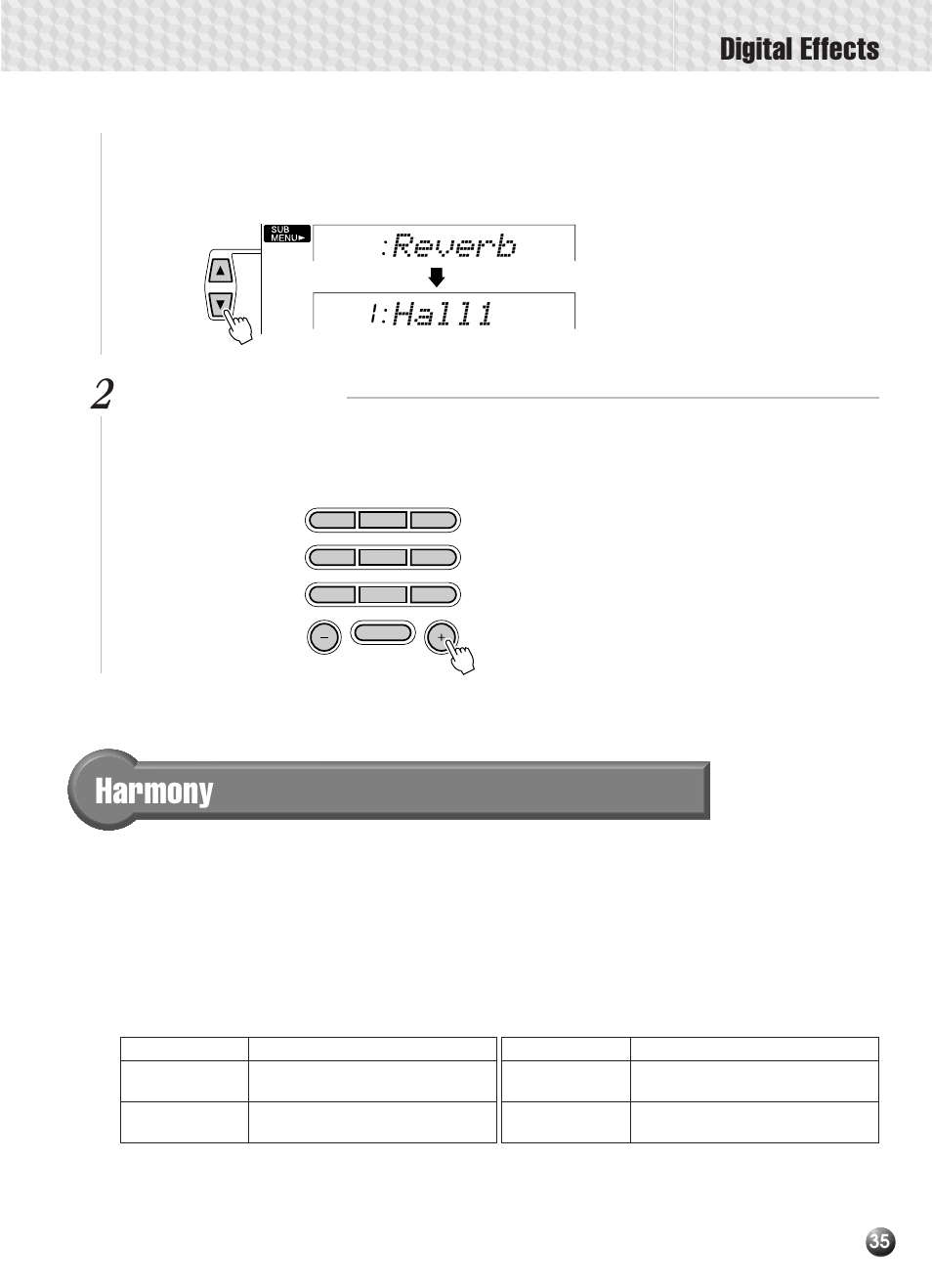 Harmony, Digital effects, Reverb hall1 | Yamaha PSR-330 User Manual | Page 37 / 90