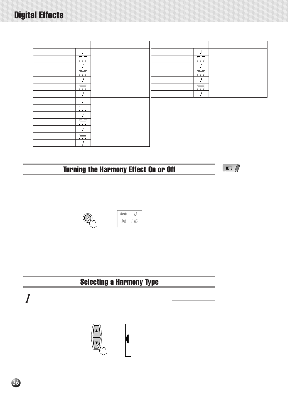 Turning the harmony effect on or off, Selecting a harmony type, Digital effects | Select the digital effect “harmony” function | Yamaha PSR-330 User Manual | Page 38 / 90