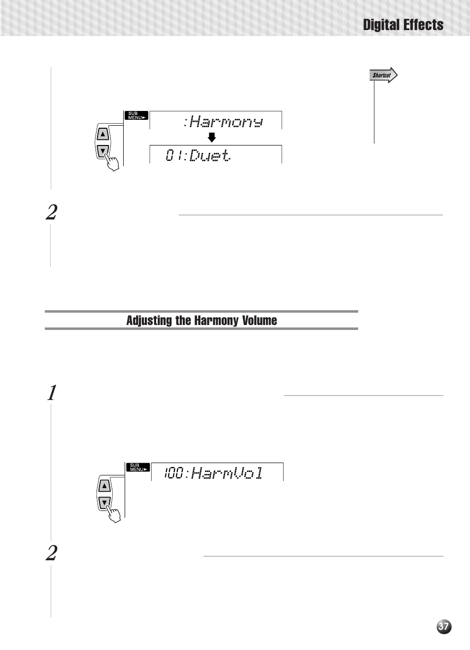 Adjusting the harmony volume, Digital effects, Harmony duet | Harmvol | Yamaha PSR-330 User Manual | Page 39 / 90