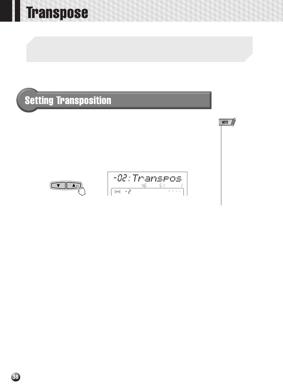 Transpose, Setting transposition, Transpos | Yamaha PSR-330 User Manual | Page 40 / 90