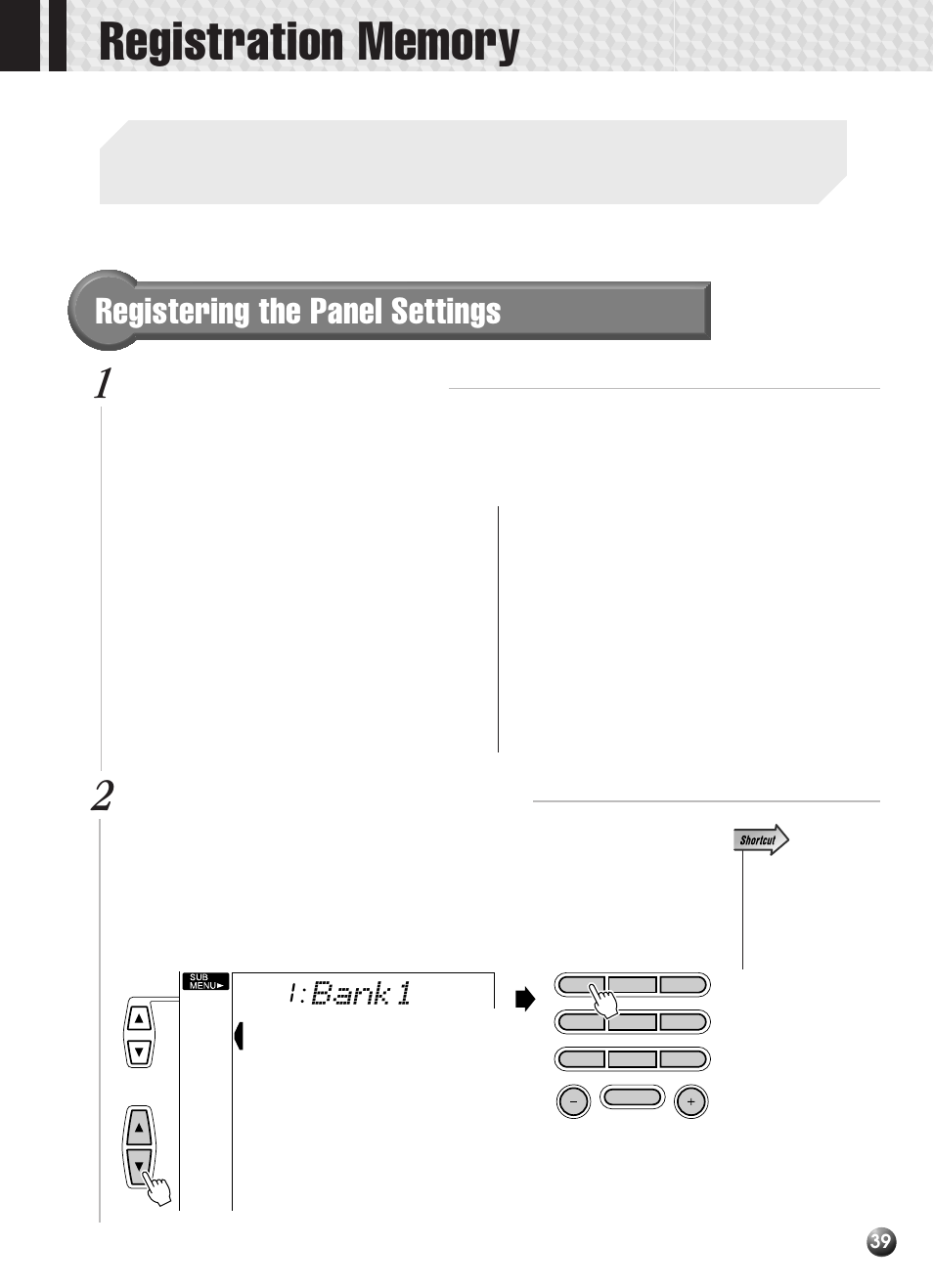 Registration memory, Registering the panel settings, Bank1 | Set up the controls as required, Select a registration bank (if necessary) | Yamaha PSR-330 User Manual | Page 41 / 90