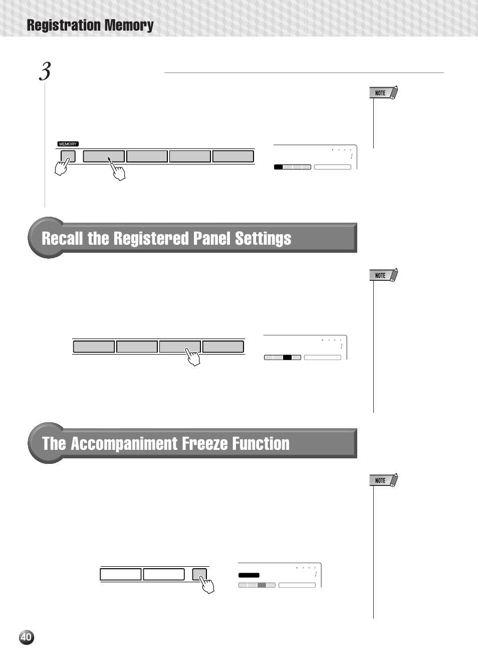 Recall the registered panel settings, The accompaniment freeze function, Register the settings | Yamaha PSR-330 User Manual | Page 42 / 90