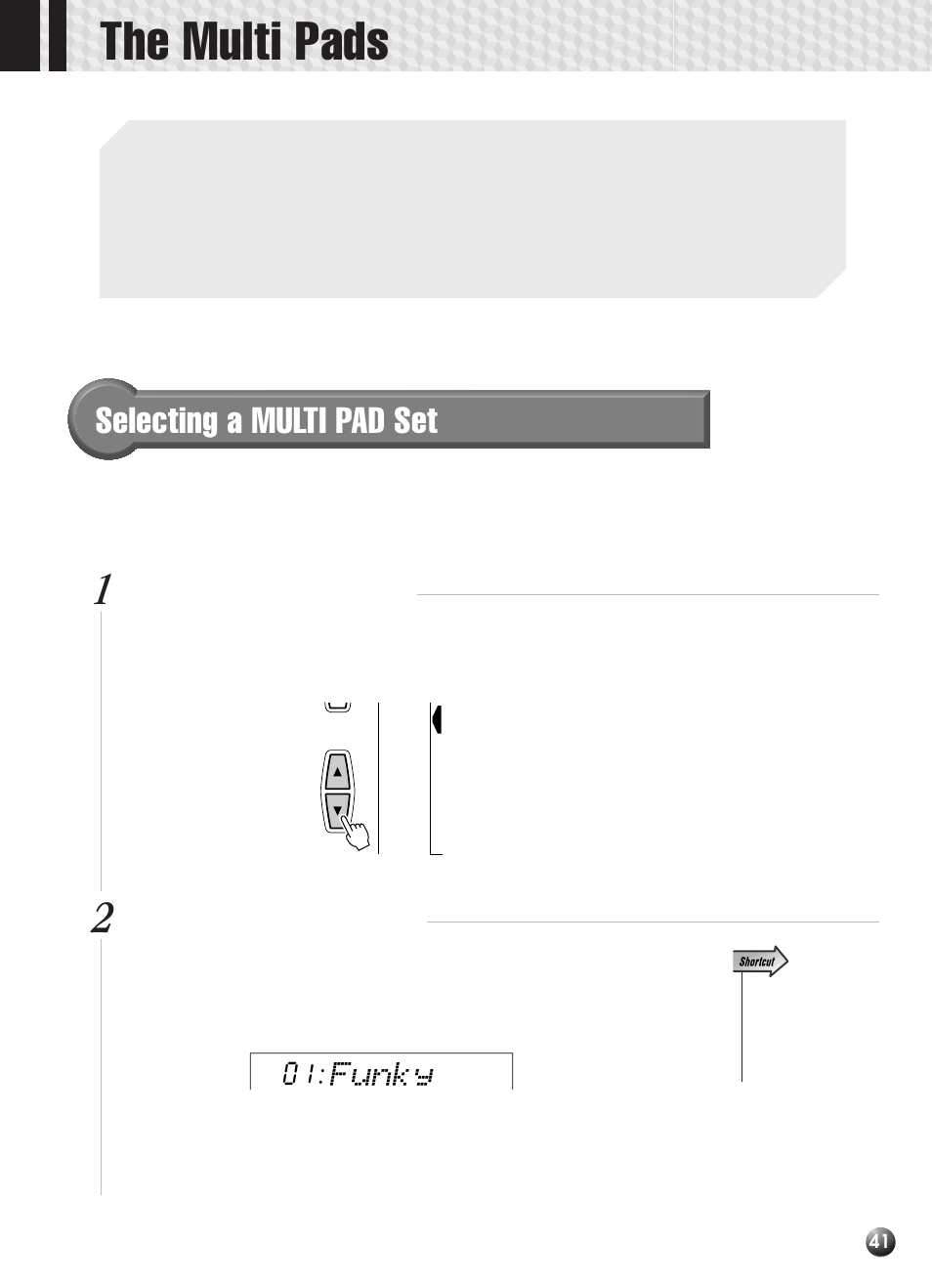 The multi pads, Selecting a multi pad set, Funky | Yamaha PSR-330 User Manual | Page 43 / 90