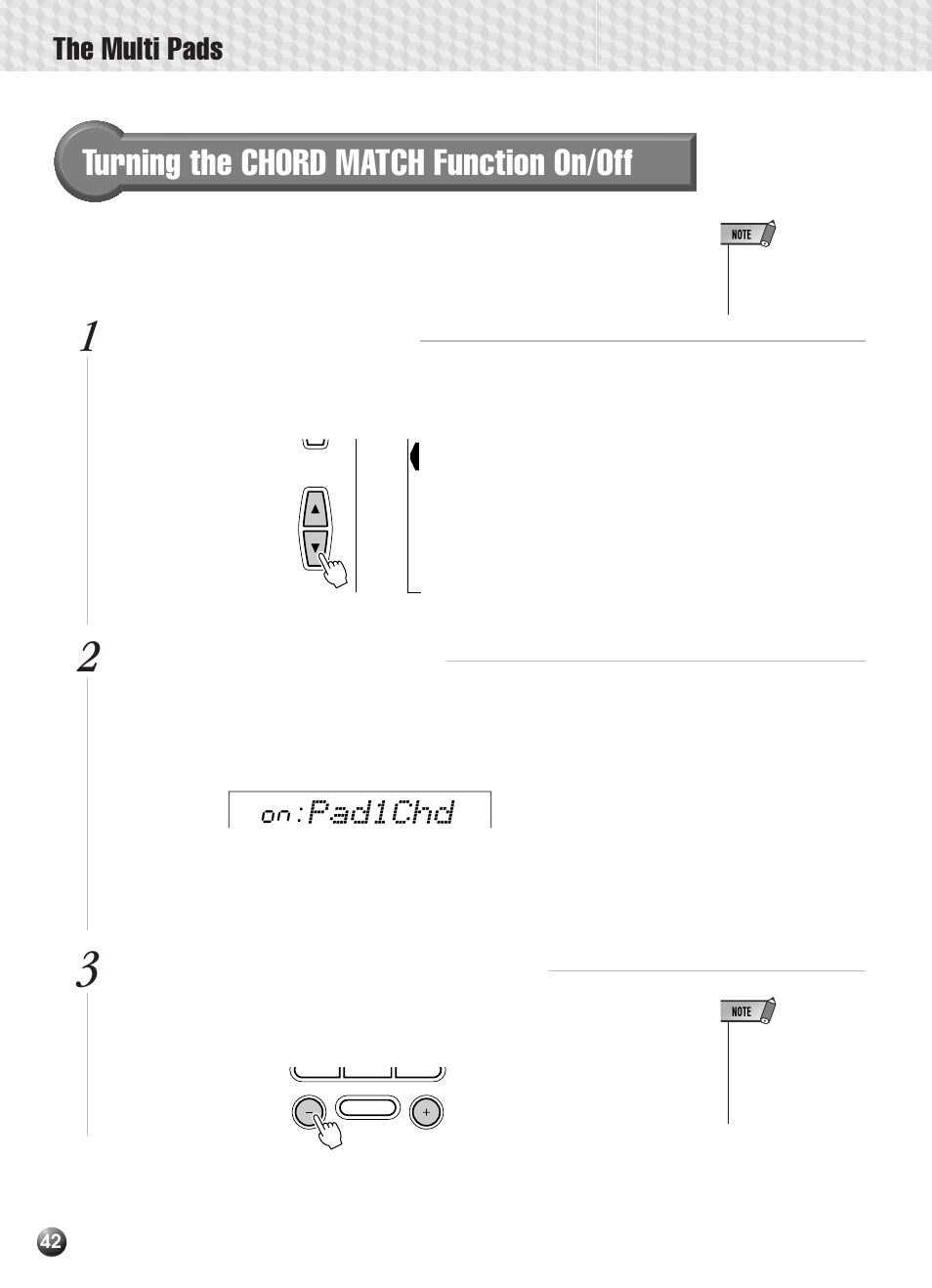 Turning the chord match function on/off, The multi pads, Pad1chd | Yamaha PSR-330 User Manual | Page 44 / 90