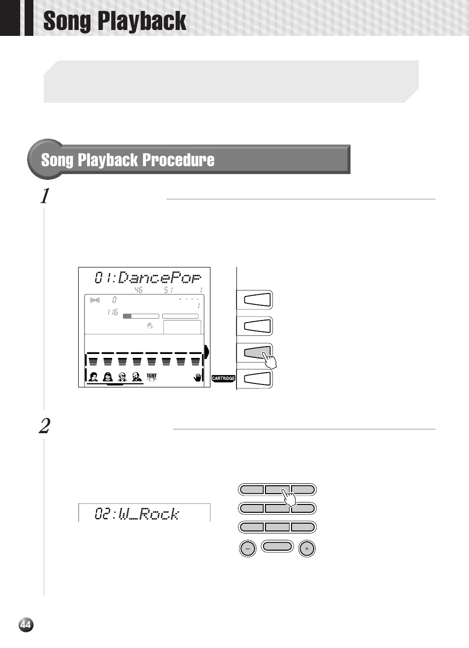 Song playback, Song playback procedure, Dancepop | Wårock, Select the song menu, Select a song number | Yamaha PSR-330 User Manual | Page 46 / 90