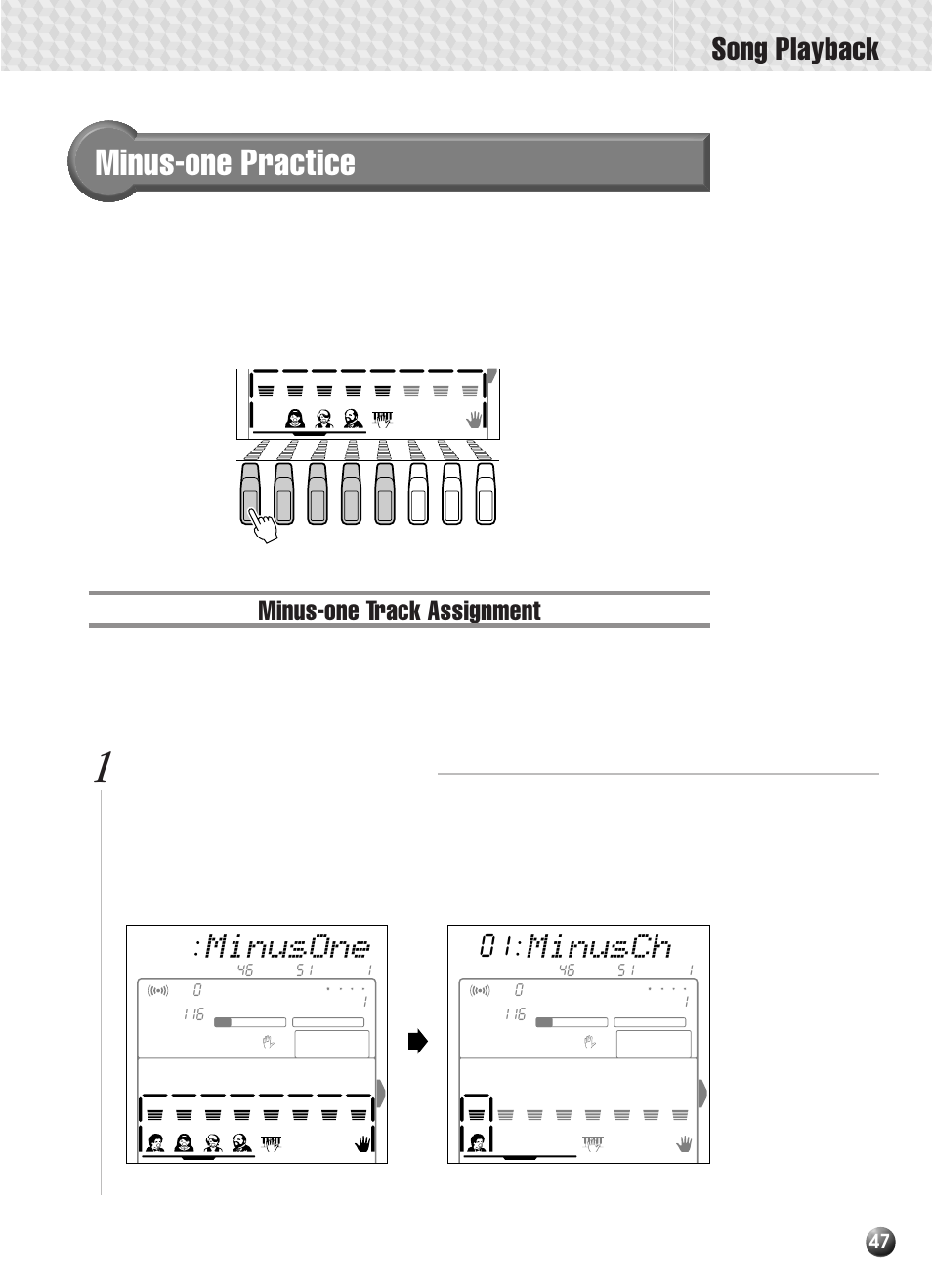 Minus-one practice, Minus-one track assignment, Song playback | Minusone, Minusch, Select the minusone parameter | Yamaha PSR-330 User Manual | Page 49 / 90