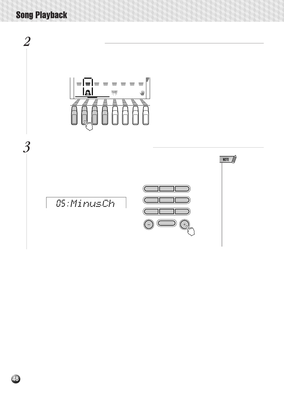 Song playback, Minusch, Select a melody track | Assign a channel to the selected track | Yamaha PSR-330 User Manual | Page 50 / 90