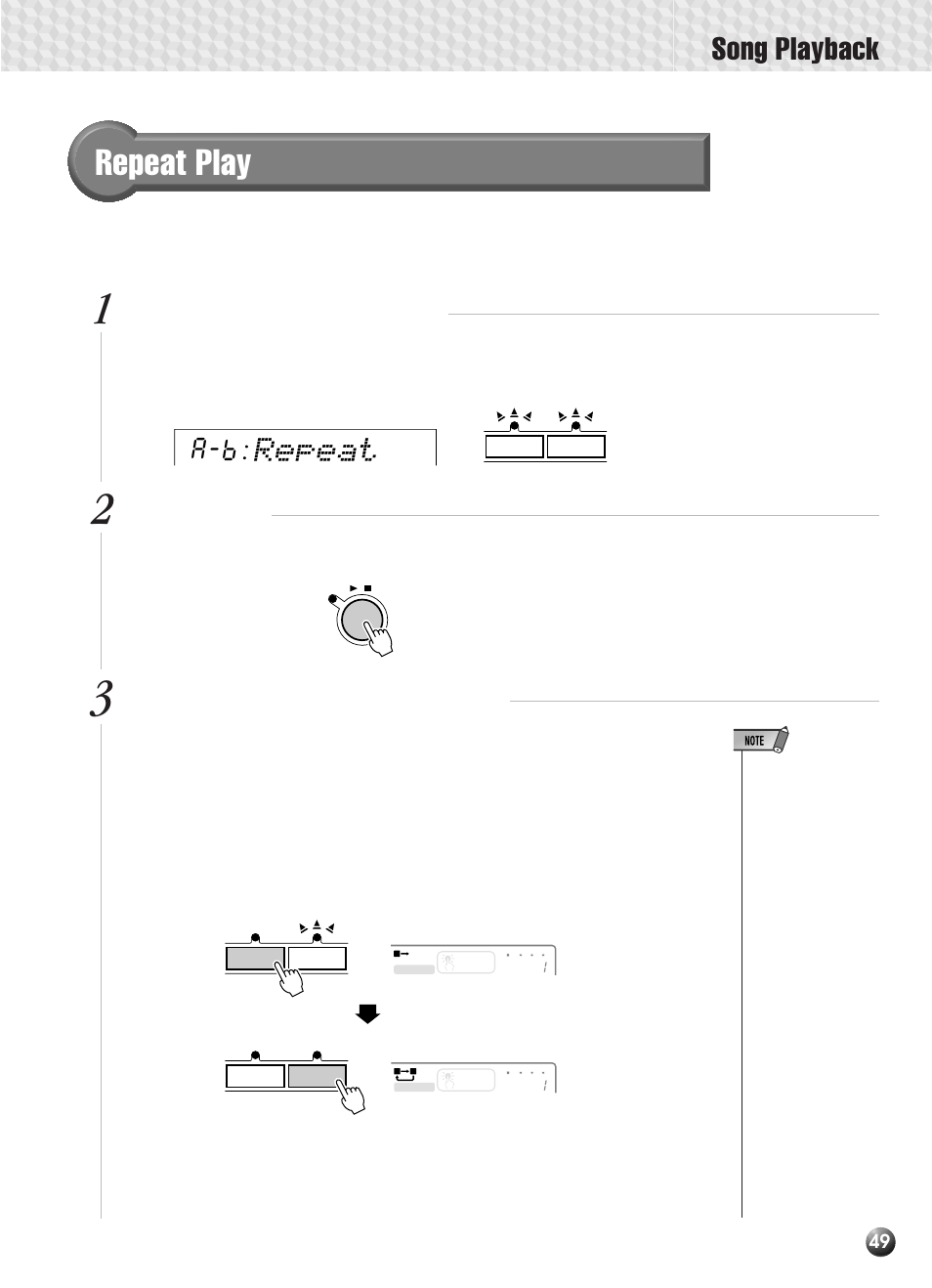 Repeat play, Song playback, Repeat | Select the a-b repeat parameter, Start playback, Specify the repeat “a” and “b” points | Yamaha PSR-330 User Manual | Page 51 / 90