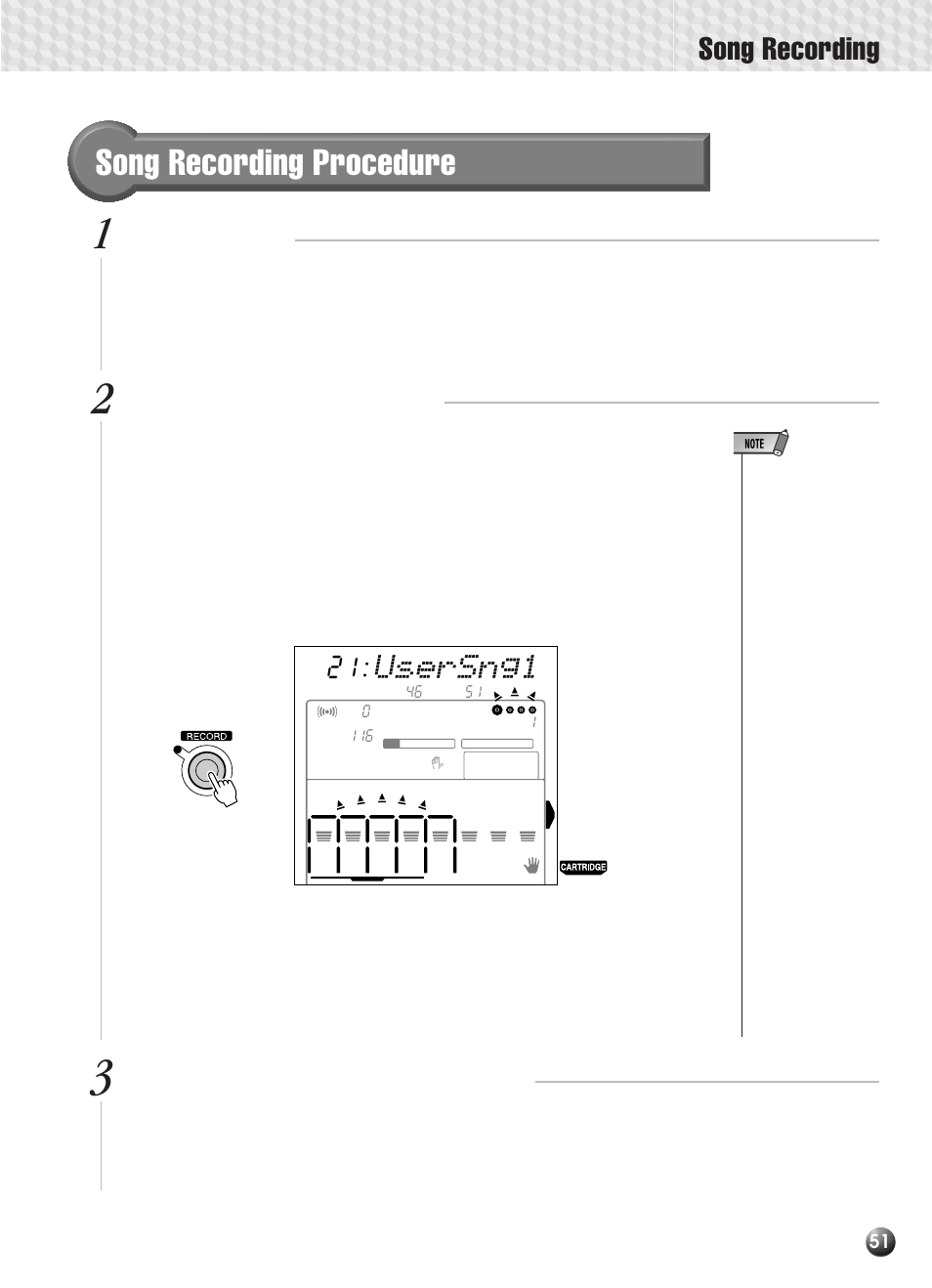 Song recording procedure, Song recording, Usersng1 | Set up to record, Engage the record ready mode, If necessary, select a user song number | Yamaha PSR-330 User Manual | Page 53 / 90