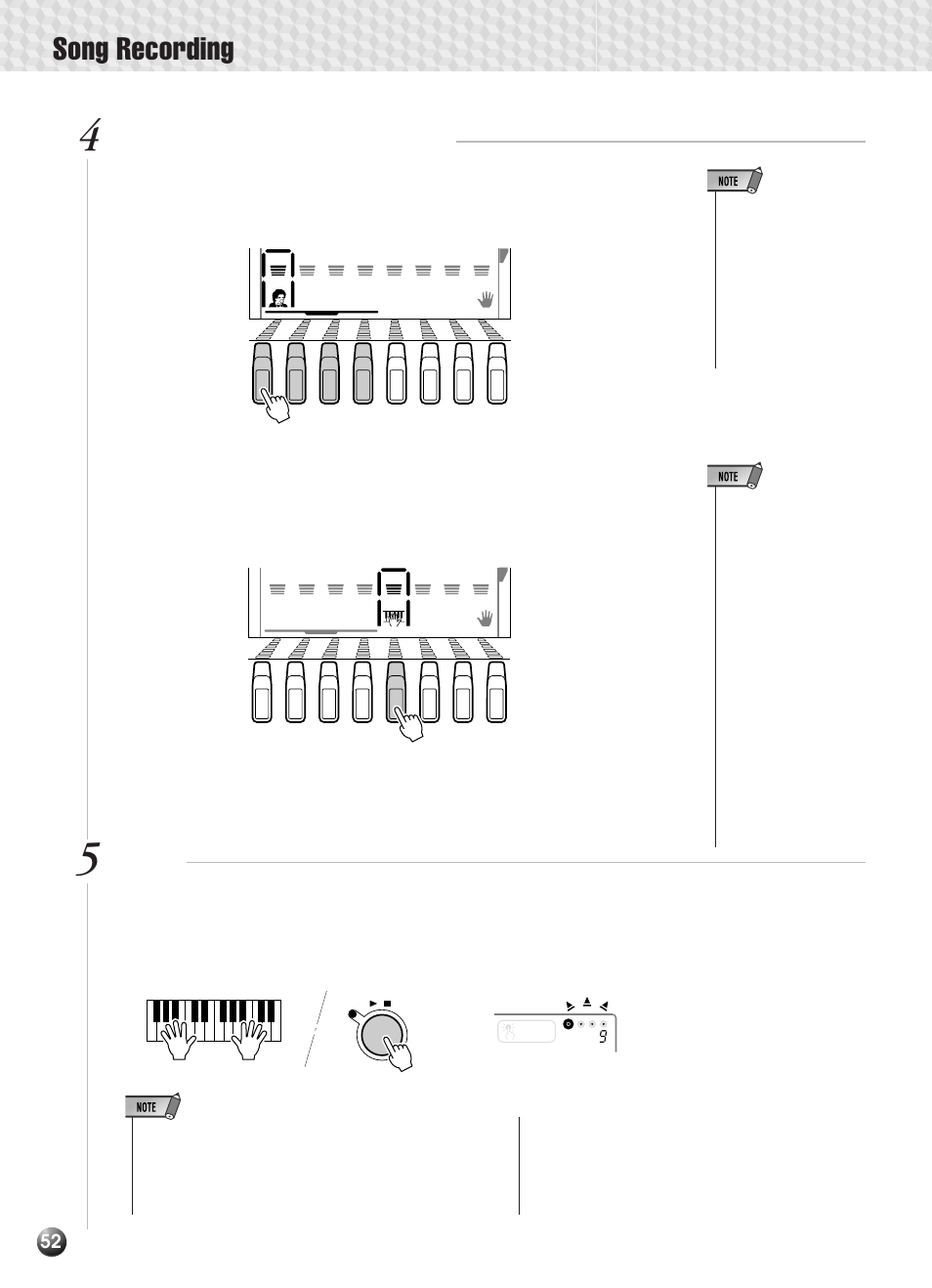 Song recording, Select the track(s) to be recorded, Record | Yamaha PSR-330 User Manual | Page 54 / 90