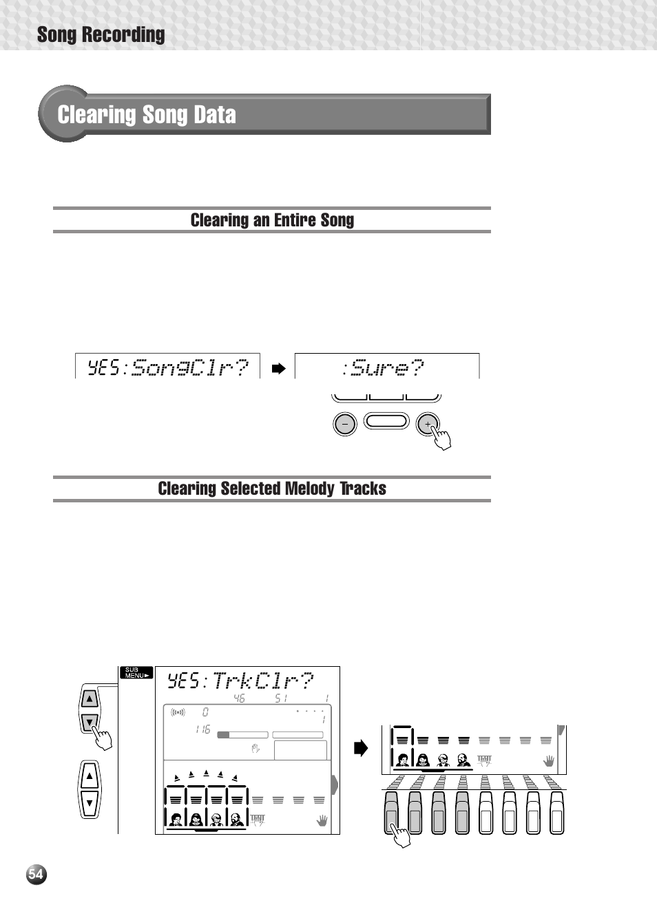 Clearing song data, Clearing an entire song, Clearing selected melody tracks | Song recording, Songclr? sure, Trkclr | Yamaha PSR-330 User Manual | Page 56 / 90