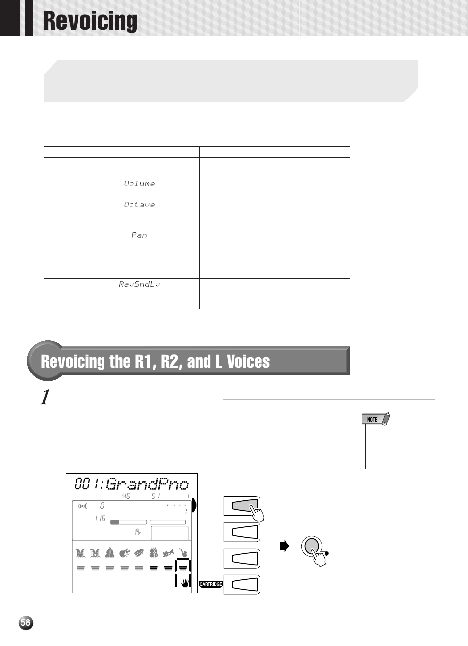 Revoicing, Revoicing the r1, r2, and l voices, Grandpno | Select the voice revoice mode, Revoice parameters | Yamaha PSR-330 User Manual | Page 60 / 90