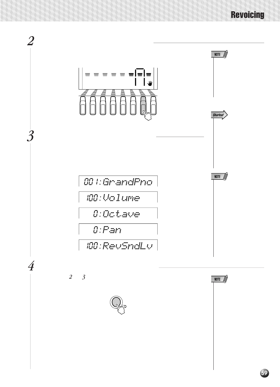 Revoicing, Revsndlv, Octave | Volume, Grandpno, If necessary select a voice to revoice, Select and edit the revoice parameters, Repeat as required and exit when done | Yamaha PSR-330 User Manual | Page 61 / 90