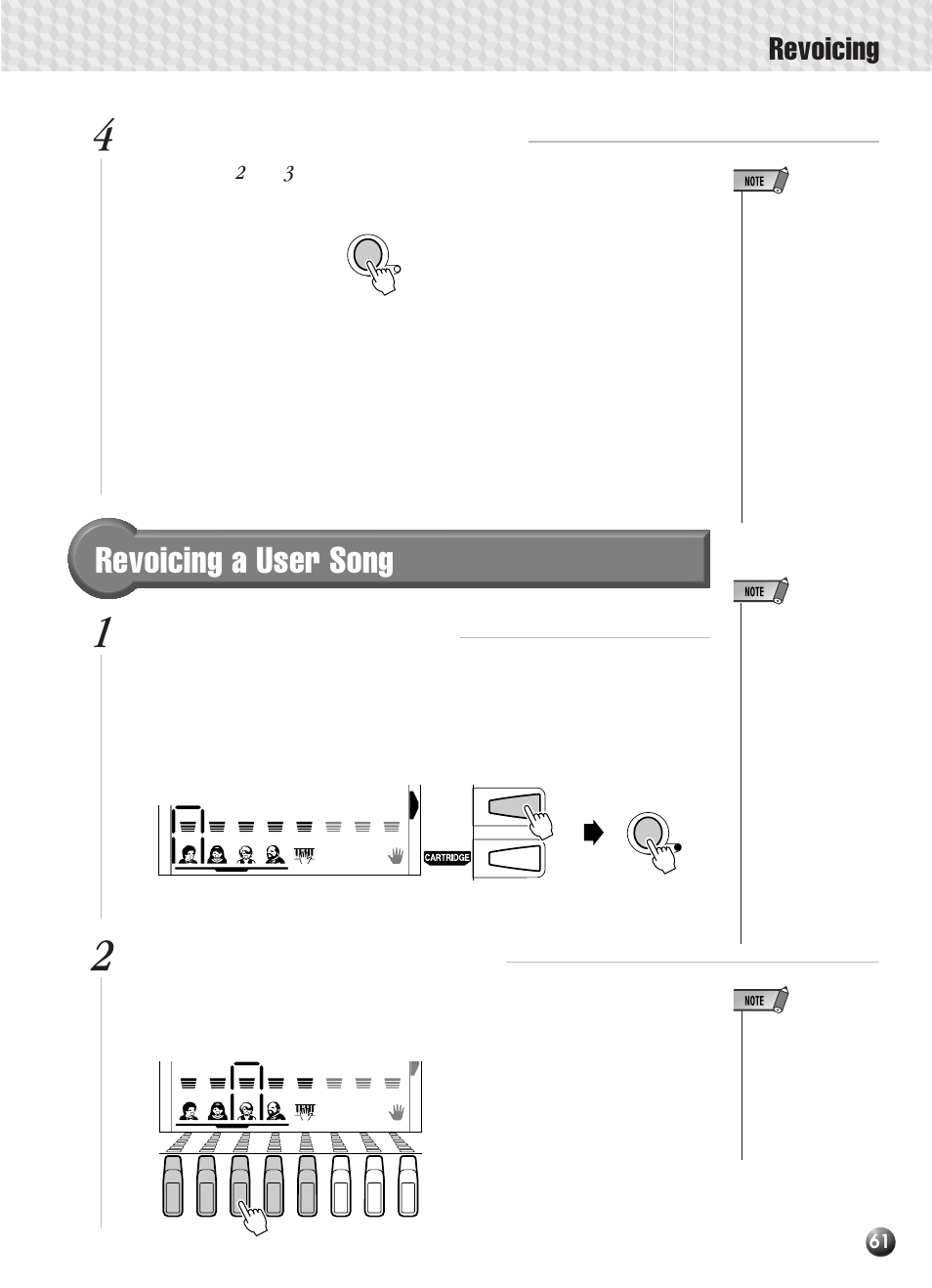 Revoicing a user song, Revoicing, Repeat as required and exit when done | Select the song revoice mode, If necessary select a track to revoice, Repeat steps | Yamaha PSR-330 User Manual | Page 63 / 90