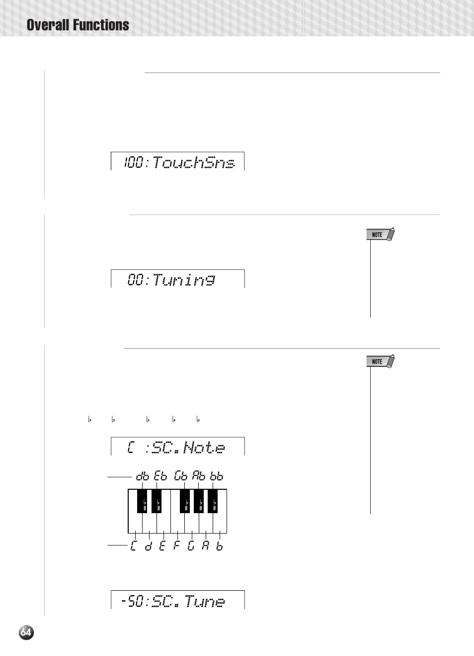 Touch sensitivity, Master tuning, Scale tuning | Touch sensitivity master tuning scale tuning, Overall functions, Sc.tune, Touchsns, Tuning | Yamaha PSR-330 User Manual | Page 66 / 90