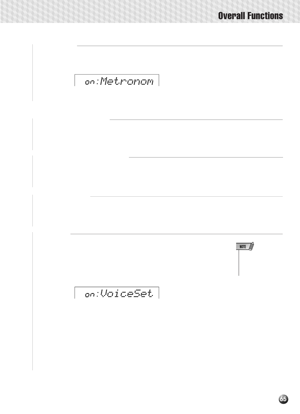 Metronome, Split voice split point, Accompaniment split point | Fingering mode, Voice set, Overall functions, Metronom, Voiceset | Yamaha PSR-330 User Manual | Page 67 / 90