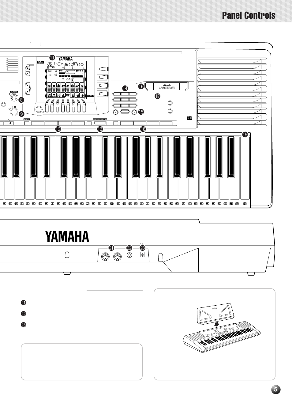 Included accessories, The music stand, Panel controls | Rear panel controls, 3 i o !8, Music stand • music cartridge, Grandpno | Yamaha PSR-330 User Manual | Page 7 / 90