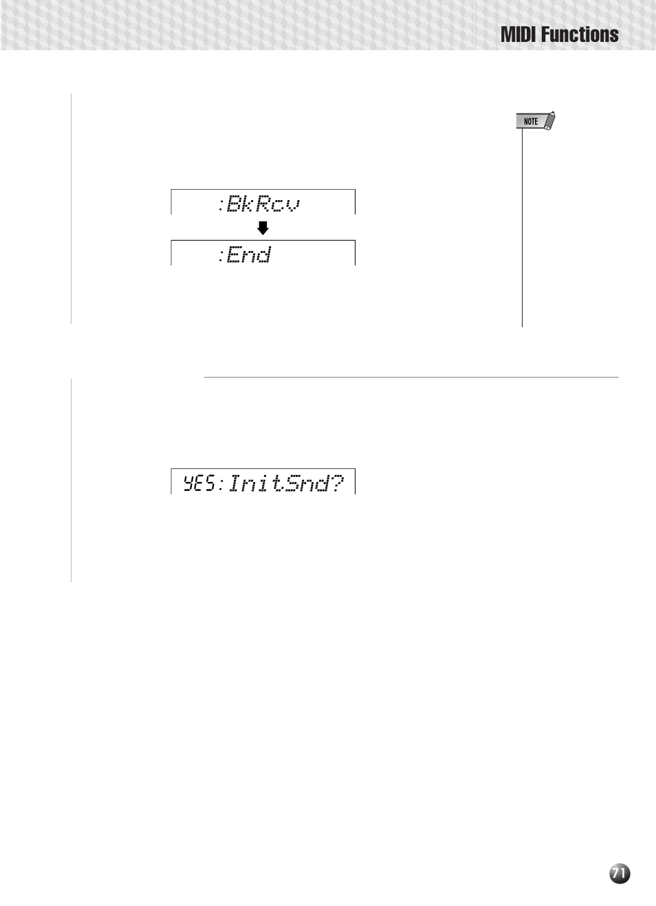 Initial data send, Midi functions, Initsnd | Bkrcv end | Yamaha PSR-330 User Manual | Page 73 / 90