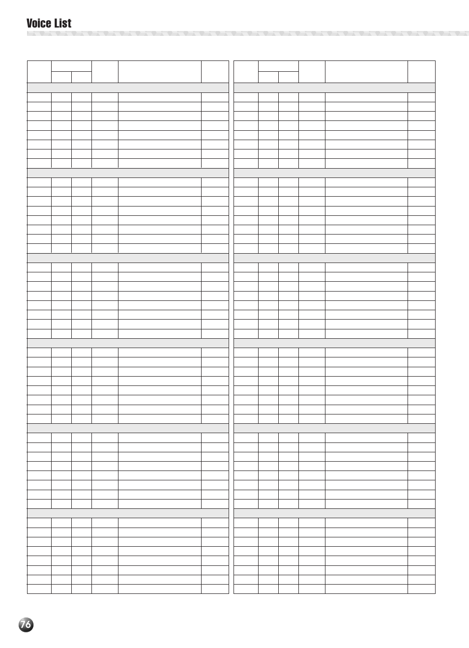 Voice list | Yamaha PSR-330 User Manual | Page 78 / 90