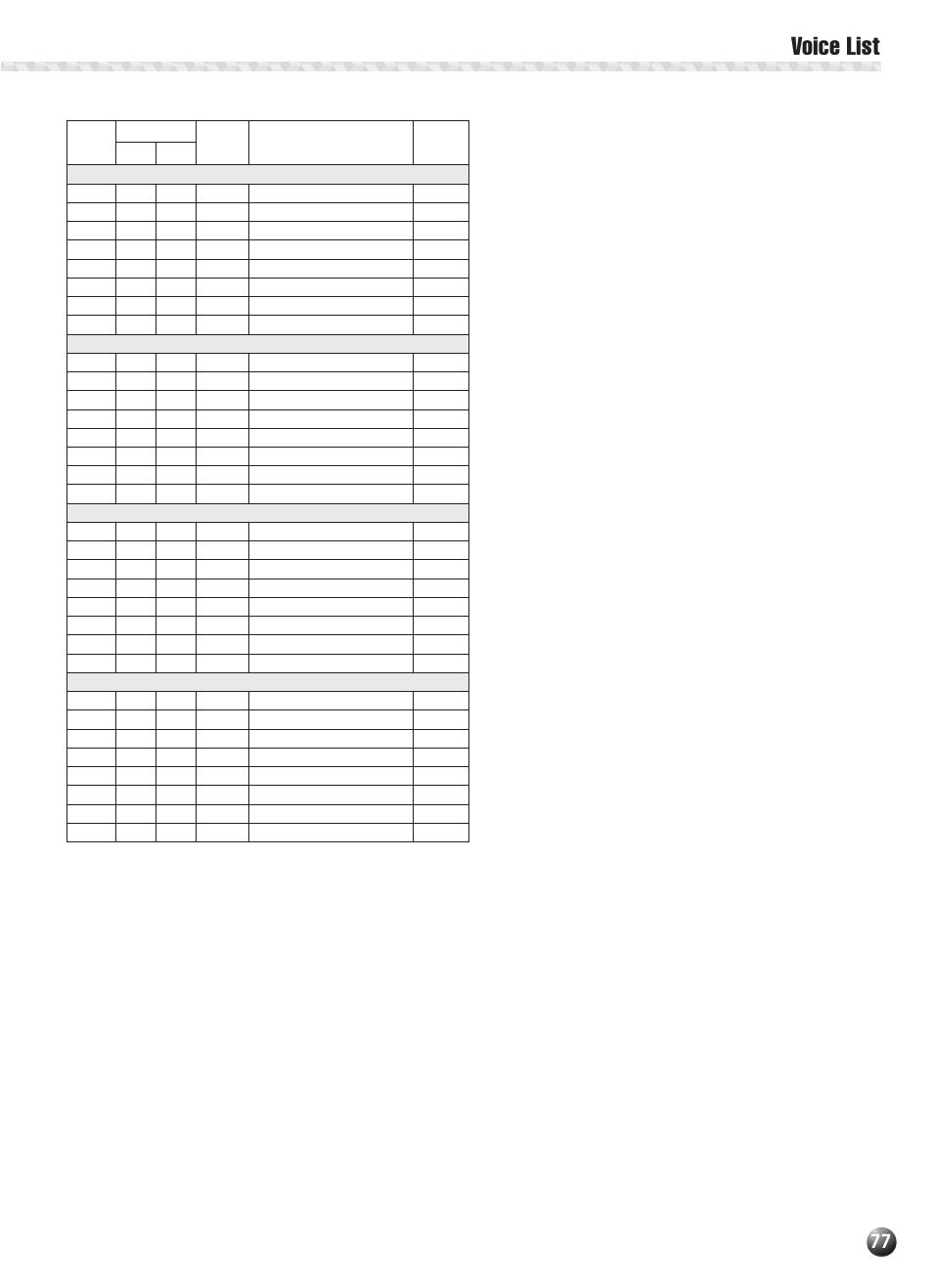 Voice list | Yamaha PSR-330 User Manual | Page 79 / 90