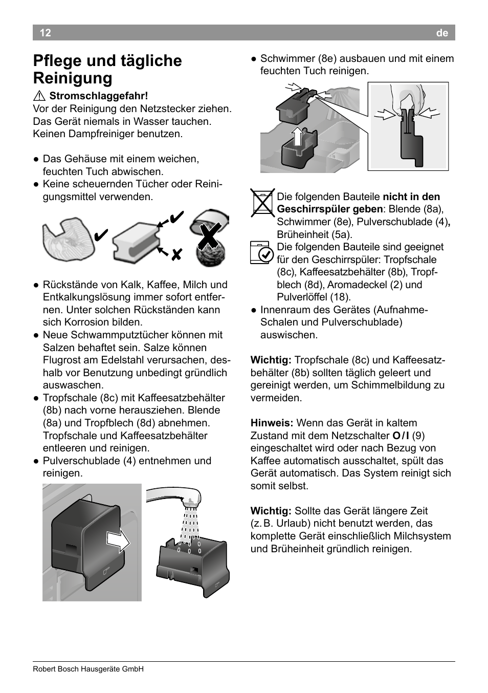 Pflege und tägliche reinigung | Bosch TES50159DE VeroCafe Kaffeevollautomat schwarz User Manual | Page 16 / 86