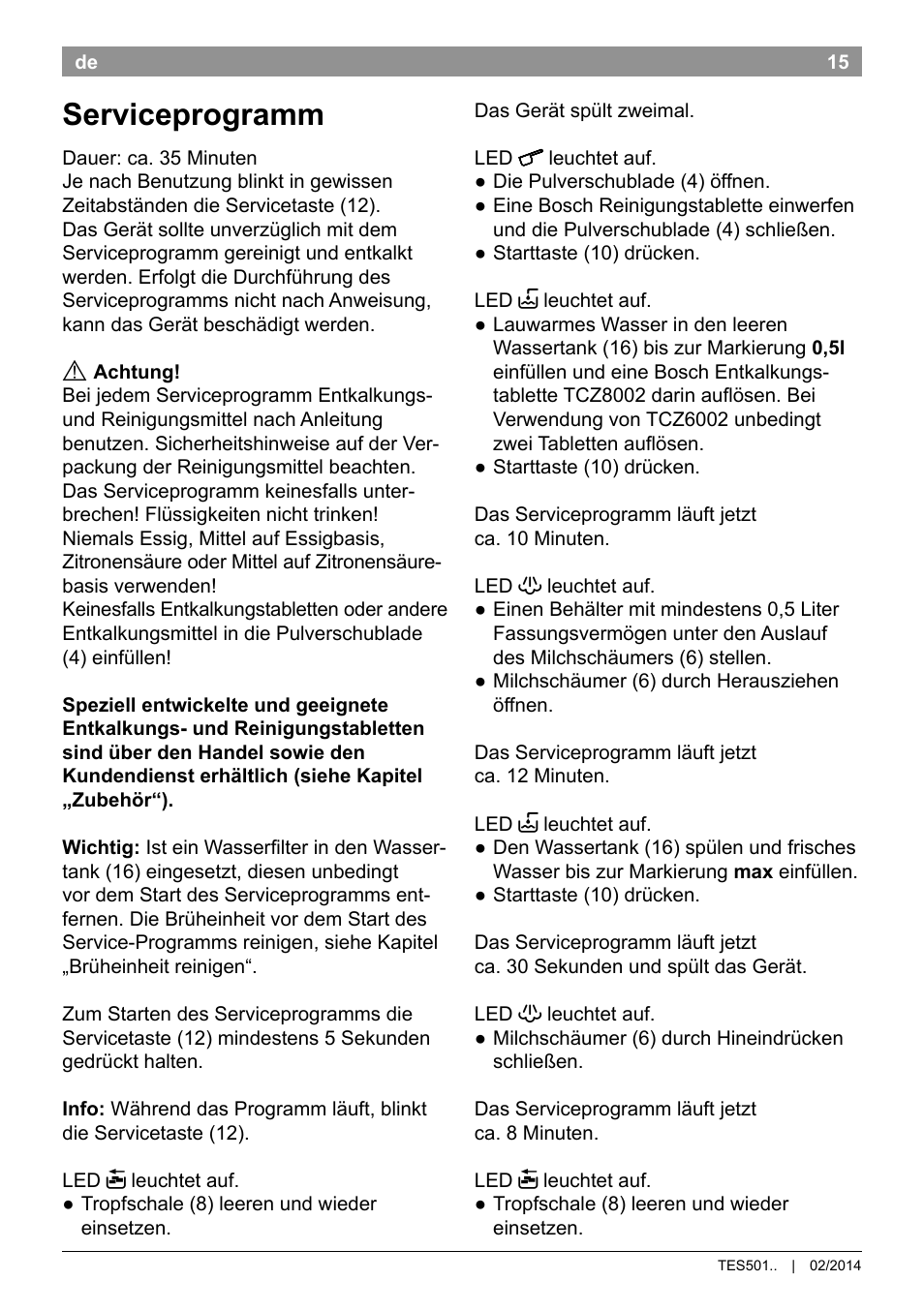 Serviceprogramm | Bosch TES50159DE VeroCafe Kaffeevollautomat schwarz User Manual | Page 19 / 86